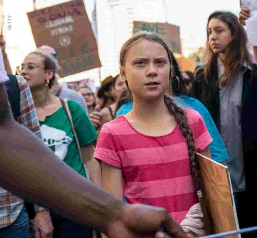 Greta Thunberg participates and leads a protest for climate change.