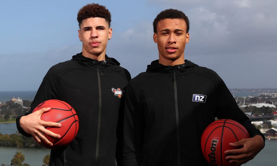 MELBOURNE, AUSTRALIA - AUGUST 22: (L-R) LaMelo Ball of the Illawarra Hawks and RJ Hampton of the New Zealand Breakers pose for a portrait during a NBL media opportunity at The Blackman on August 22, 2019 in Melbourne, Australia. (Photo by Kelly Defina/Getty Images)