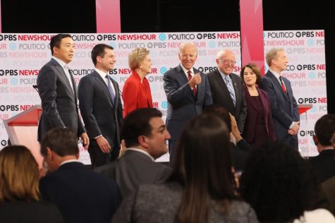 From left to right, the Democratic presidential contenders who participated in December's debate: Andrew Yang, Pete Buttigieg, Elizabeth Warren, Joe Biden, Bernie Sanders, Amy Klobuchar, and Tom Steyer. Photo credits to Jim Wilson/The New York Times.