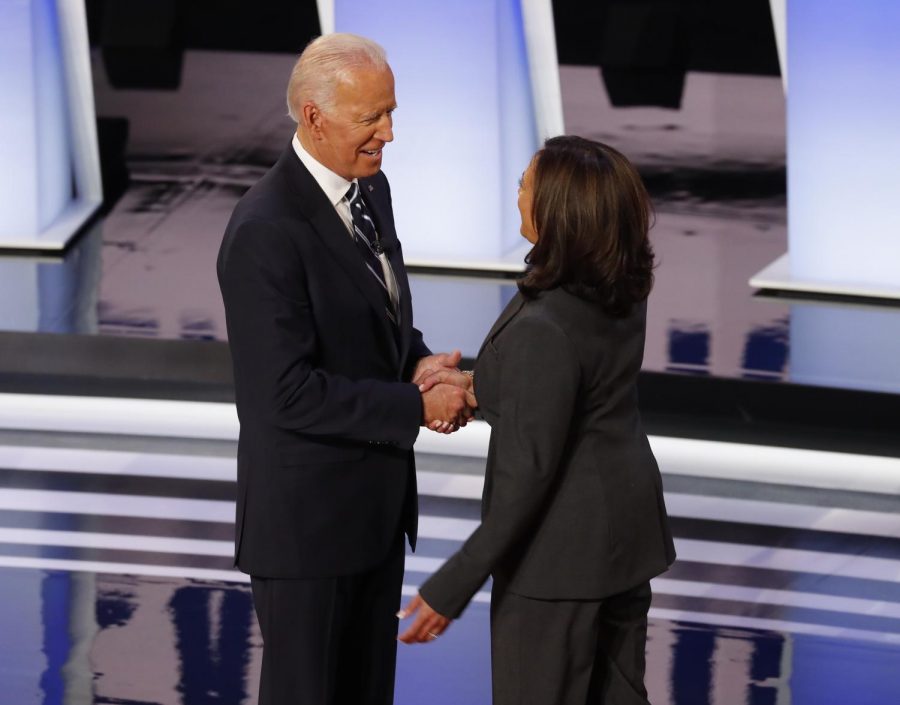 Presumptive Democratic nominee Joe Biden (left) shakes hands with California Senator Kamala Harris (right), his former primary rival and one of the leading contenders for the vice-presidential nomination, at the July 2019 debate. Biden has committed to choosing a woman as his running mate, and has repeatedly stressed his desire for a simpatico relationship with his Vice President, similar to as he had with Obama. Photo credits: AP Photo/Paul Sancya.