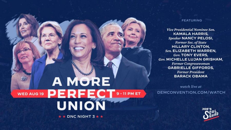 Promotional graphic for the third night of the Democratic National Convention, featuring a lineup of party heavyweights—nearly all female, for the 100th anniversary of the ratification of the 19th amendment—who focused on Bidens policy plans and Democrats vision for America. Graphic credits: Joes Soul Squad.