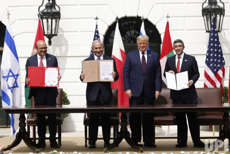 Image from the signing of the Peace Deal with leaders from United Arab Emirates, Israel, and Bahrain from UPI.com