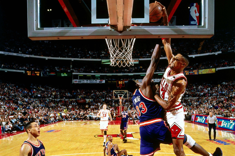 Scottie Pippen posterizes center Patrick Ewing in game 6 of the 1994 Eastern Conference Semifinals. 