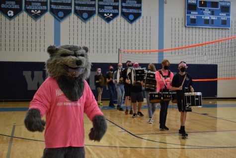 The wolf and drumline march through the gym on Homecoming!