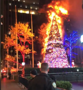Christmas tree belonging to Fox News on fire shortly after midnight on December 8, 2021.