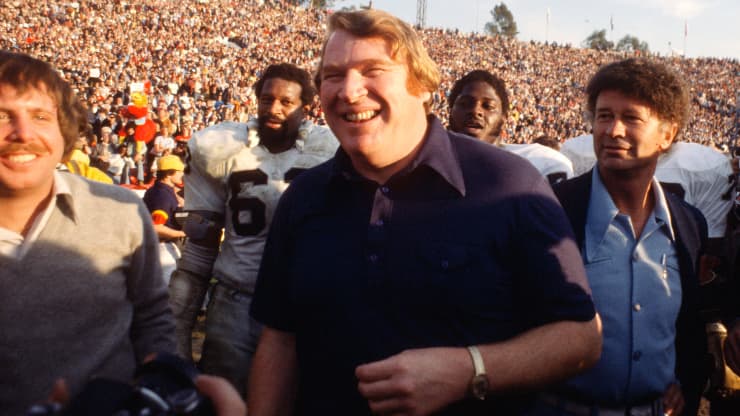 John Madden celebrates after defeating the Minnesota Vikings 32-14 in Super Bowl XI. 