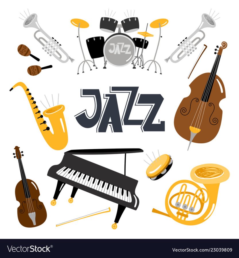 Jazz musical instruments. Vector music instrument objects collection isolated on white, drums and tuba, vintage brass, acoustic violin orchestra