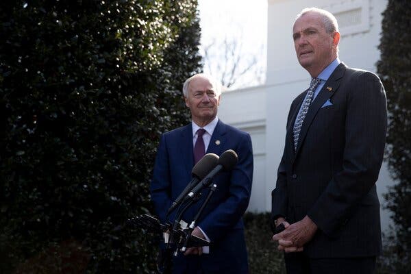 New Jersey Gov. Phillip Murphy and Arkansas Gov. Asa Hutchinson spoke after a meeting at the White House