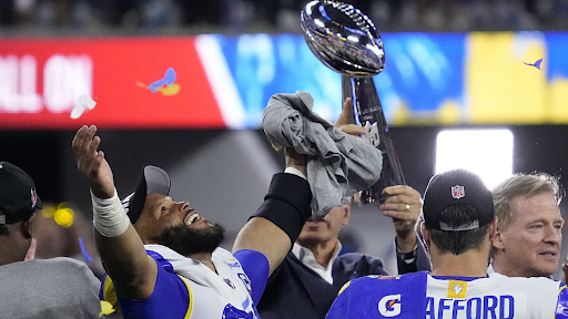 Los Angeles Rams defensive end Aaron Donald celebrates his Super Bowl victory over the Cincinnati Bengals.