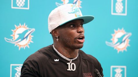 Former Kansas City Chief Tyreek Hill in his press conference with the Miami Dolphins