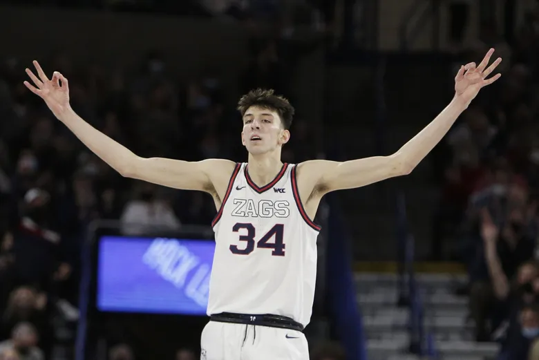 Consensus top 3 pick Chet Holmgren celebrates a basket. 