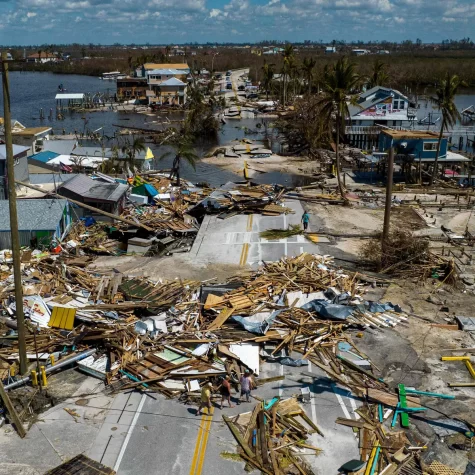 Destroyed houses and debris in Matlacha, Florida. 