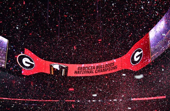 Confetti falls as Georgia wins decisively over TCU in the 2023 College Football Playoff national championship game (USA Today Sports).