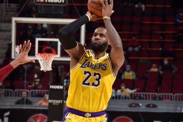 LeBron James #23 of the Los Angeles Lakers shoots the ball 