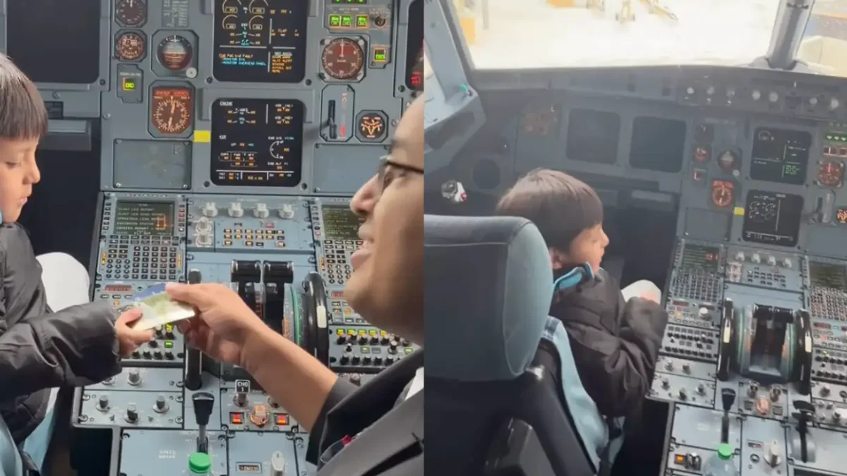 Liam Conejo Ramos on his flight back home to Minneapolis, MN, with his father. Seen in the cockpit receiving a wings pin from the pilot. 